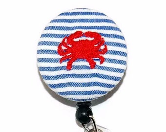 Embroidered Crab Badge Reel ID Holder Retractable -  Preppy Seersucker Nautical Id Tag