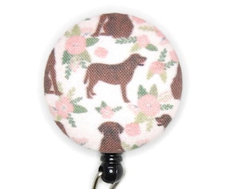 Chocolate Labrador Retriever Badge Reel - Retractable Fabric or Mylar Covered With Choice of Clip