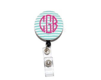 Mint and Pink Monogram Badge Reel with Retractable ID Choice of Clip - Embroidered Seersucker with your Letter or Initials
