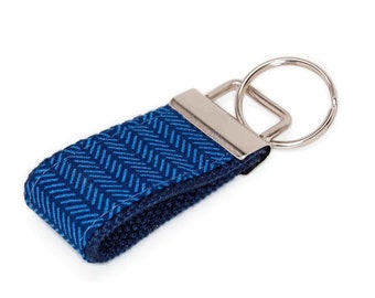 Blue Herringbone Mini Keychain - Finger Size Key Fob - Pocket size Keychain