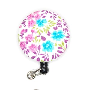 Floral ID Badge Reel  - Retractable Badge Pulley - Name Tag Holder - Purple Turquoise Floral Fabric or Mylar - Swivel Alligator or Belt Clip