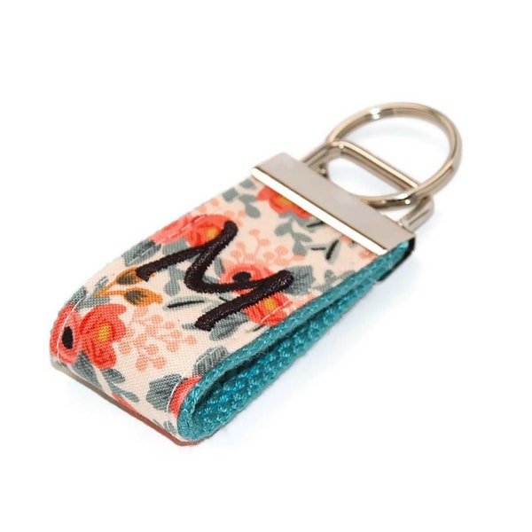 Floral Coral and Mint Mini Keychain Personalized with You Choice of Letter Custom Key Fob