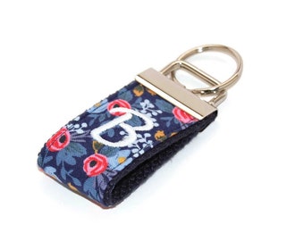 Navy Blue and Coral Floral Mini Keychain - Personalized with Your Single Letter - Custom Embroidered Initial Key fob