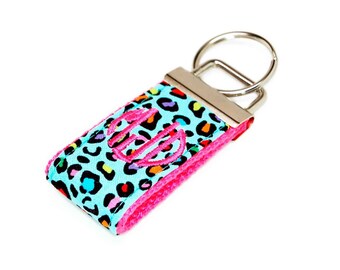 Multi Colored Leopard Mini Keychain - Personalized Monogram Custom Key fob - Embroidered Key Holder