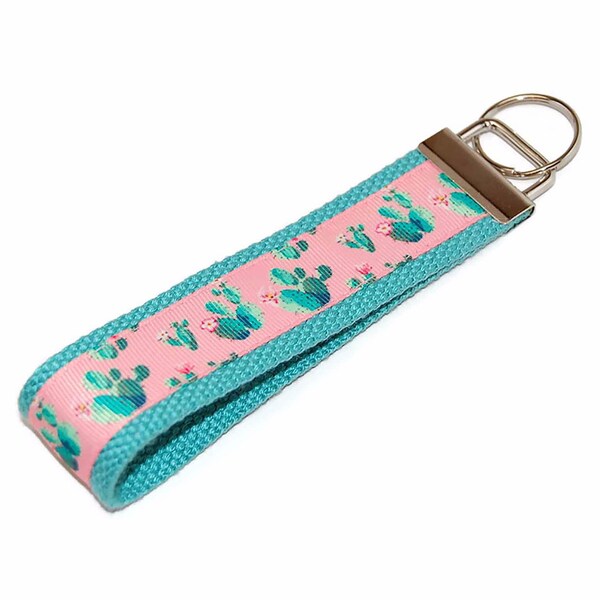 Cactus Keychain - Cute Mint and Coral Key Fob Wristlet