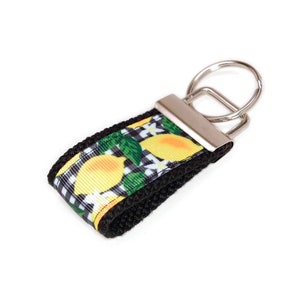 Cute Mini Lemon on Black Check Ribbon Key Fob - Fun and Functional Accessory for Your Keys - Lemon Bag Tag - Small keychain with Lemons