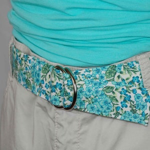 Floral Belt with Turquoise and Mint Flower Fabric with Adjustable D-Ring in Multiple Sizes - Perfect gift for Her - Handmade Ladies Belt