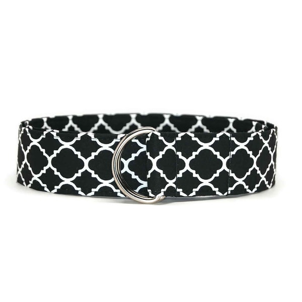 Black and White Quatrefoil Fabric Belt in Adult Youth and Toddler You Pick The Perfect Size - D Ring Classic Belts