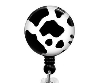 Black and White Cow Print Mylar Retractable Badge Reel on Alligator or Belt clip
