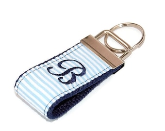 oversize tag backpack Handmade key fob key holder with initial embroidered tag personalized Navy with gold and red back to school