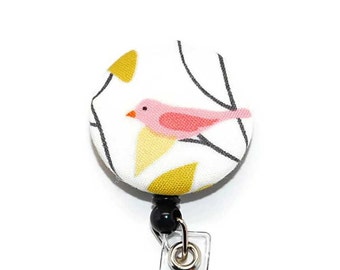 Pink Bird Badge Reel with Retractable ID Name Tag Holder and your Choice of Clip
