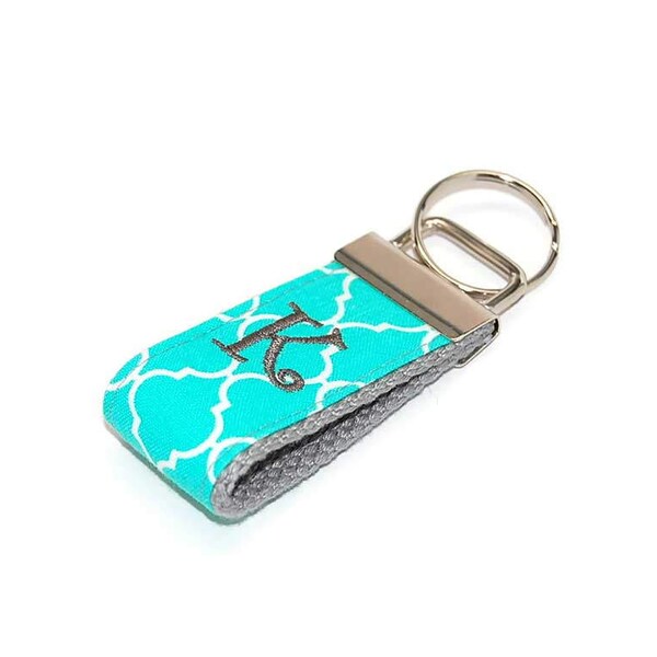 Aqua Mint and Grey Quatrefoil Monogrammed Keychain  -  Mini Custom Key fob