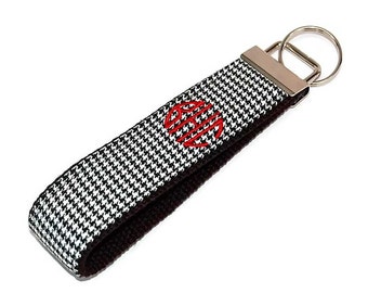 Black Houndstooth Monogrammed Keychain - Custom Embroidered Initial 3 Letter Monogram or Name in Crimson Key fob