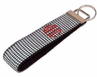 Black Houndstooth Monogrammed Keychain  -  Custom Embroidered Initial 3 Letter Monogram Letter or Name