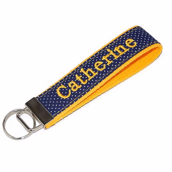 Navy and Gold Monogrammed Keychain  -  Custom Embroidered Name Key fob Letter or Monogram