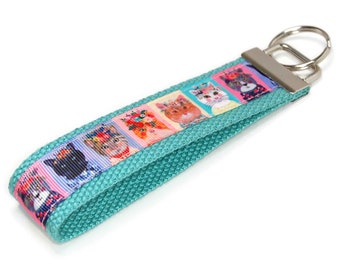 Kitty Cat Faces Keychain - Fabric Key Fob Wristlet