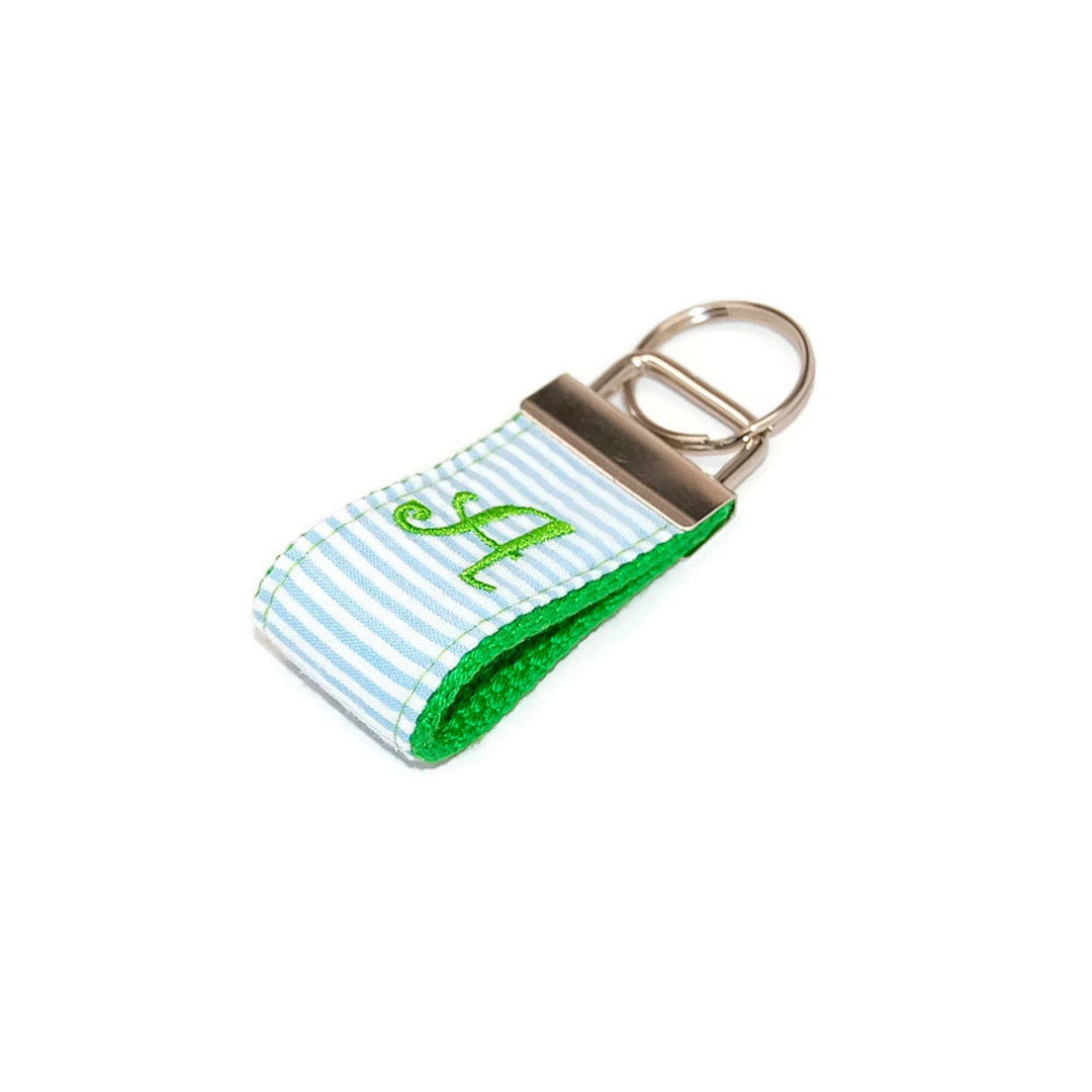 Lime Green and Blue Seersucker Mini Monogrammed Keychain Custom