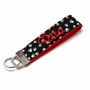 Black White Paw Print Wristlet Keychain - Custom Key Fob Personalized with Red - Animal Paws Letter or Monogram