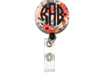 Floral Coral Badge Reel - Retractable ID Name Tag Holder with Three Letter Monogram and Choice of Clip