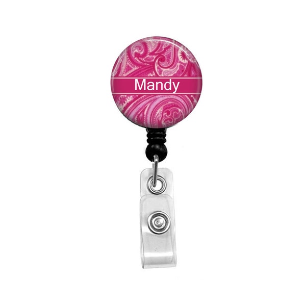 Personalized Pink Paisley Name Retractable Badge Holder - Badge Reel ID Clip You Pick The Name