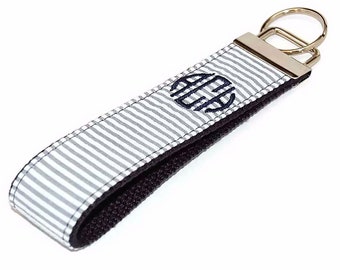 Grey Seersucker Fabric with Navy Blue Monogrammed Keychain - Custom Key Fob - Personalized Wristlet  -  Gray Letter or Name