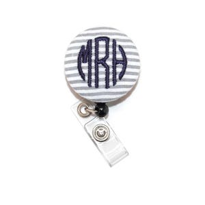 Gray Seersucker with Navy Blue Badge Reel - Embroidered Three Letter Monogram