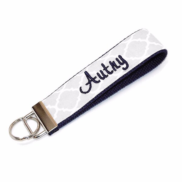 Grey and Navy Blue Quatrefoil Monogrammed Keychain - Custom Gray Key Fob Personalized Wristlet with Name Letter or Monogram