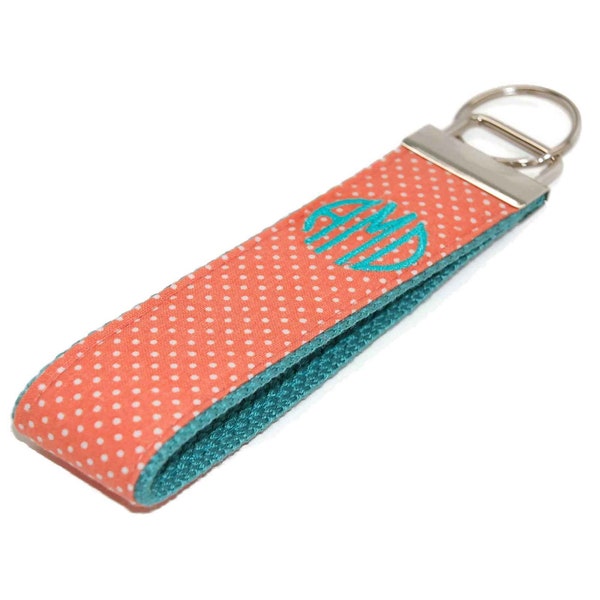 Keychain Wristlet in Coral and Mint - Personalized with Your Letters - Embroidered Monogram Key Fob Letter or Name