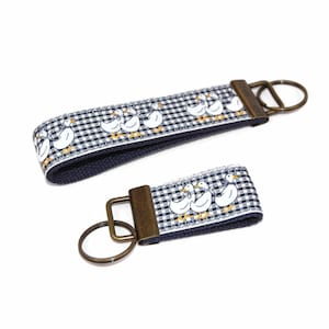 vintage duck on navy gingham keychain brass hardware in wristlet and mini size
