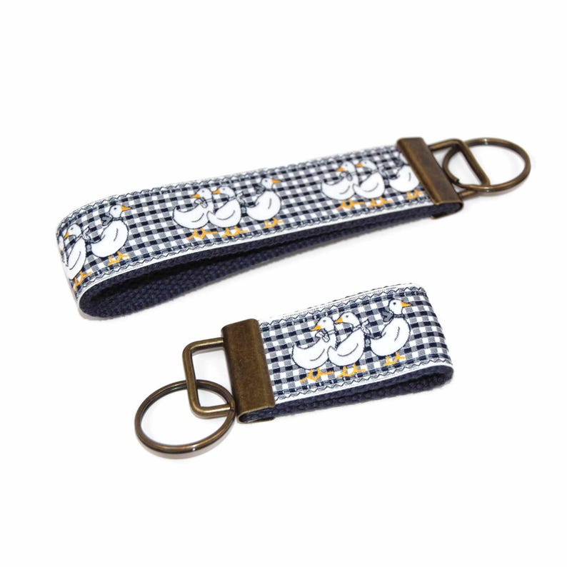 vintage duck on navy gingham keychain brass hardware in wristlet and mini size