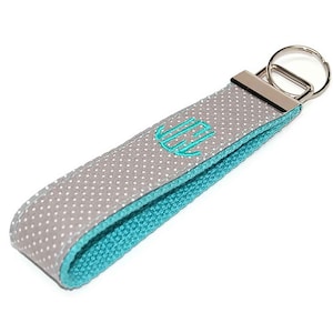 Grey Swiss Dot on Mint Monogrammed Keychain - Custom Embroidered Key fob Letter or Name
