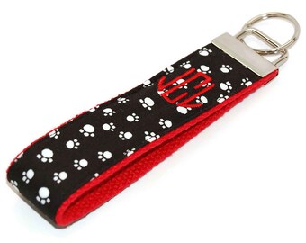 Paw Print Personalized Keychain - Embroidered Monogram Key Fob Wristlet - Animal Letter or Name