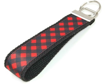 Red and Black Check Keychain - Ribbon Key Fob Wristlet