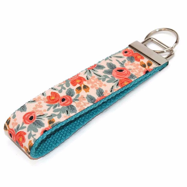 Mint and Coral Flowers Keychain - Fabric Key Fob Wristlet