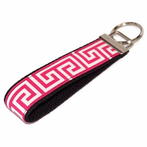 Greek Keychain Pattern Hot Pink and Black  Key Fob Wristlet - Key Chain- Group Gift for under 10