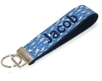 Personalized Shark Keychain Wristlet - Custom Key Fob Embroidered with Your Letter Monogram or Name -  Key strap with Sharks - Bag Tag