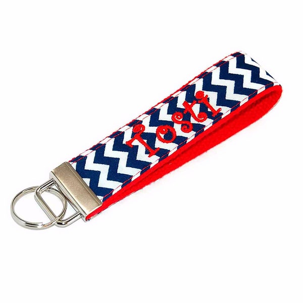 Navy Chevron with Red Monogrammed Keychain Custom Embroidered Name Key fob Letter or Monogram