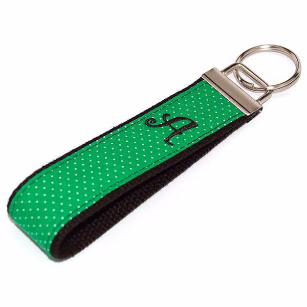 Personalized Custom Embroidered Keychain Keyfob - Kelly Green Swiss Dot on Black - Choice of Initial Monogram or Name