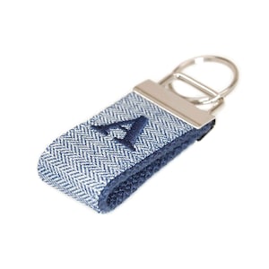 Navy Blue Herringbone Mini Keychain Personalized with Letter - Embroidered Custom Key fob