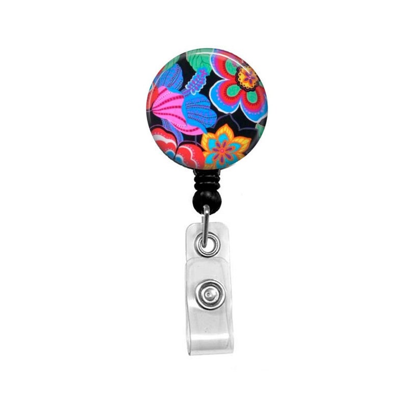 Mylar Badge Reel Retractable ID Badge Holder Retro Bright Flowers