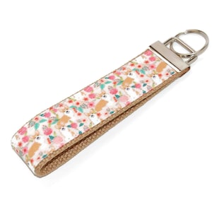 Corgi Keychain - Flowers and Corgis Key Fob Wristlet - Dog Lover Gift