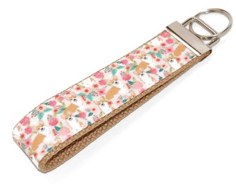 Corgi Keychain - Flowers and Corgis Key Fob Wristlet - Dog Lover Gift