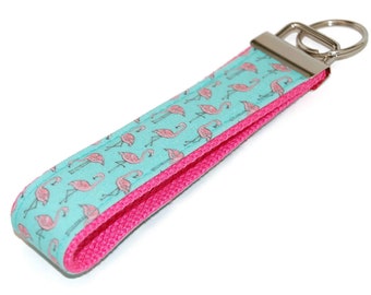 Pink Flamingo Keychain on Aqua Mint - Preppy Fabric Key Fob Wristlet