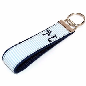 Personalized Custom Embroidered Keychain Keyfob - Light Blue Seersucker on Navy Blue - Choice of Initial Monogram or Name
