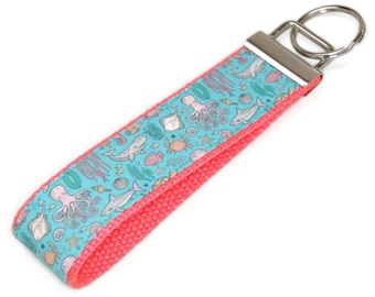 Octopus Keychain - Fabric Key Fob with Sharks Fish Crab Wristlet