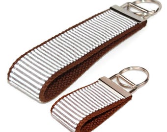 Brown Seersucker Keychain: Cotton Wristlet Key Holder