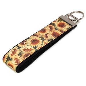 Sunflower Keychain - Golden Floral Fabric Key Fob Wristlet or Mini Size and Choice of Color - Includes Gift Tube