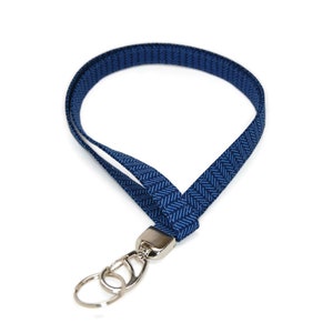 Blue Herringbone Fabric Lanyard - ID Badge Holder  for Your Name Tag or Keys - Soft Neck Strap