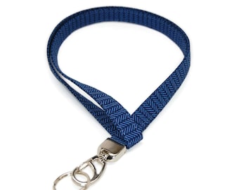 Blue Herringbone Fabric Lanyard - ID Badge Holder  for Your Name Tag or Keys - Soft Neck Strap