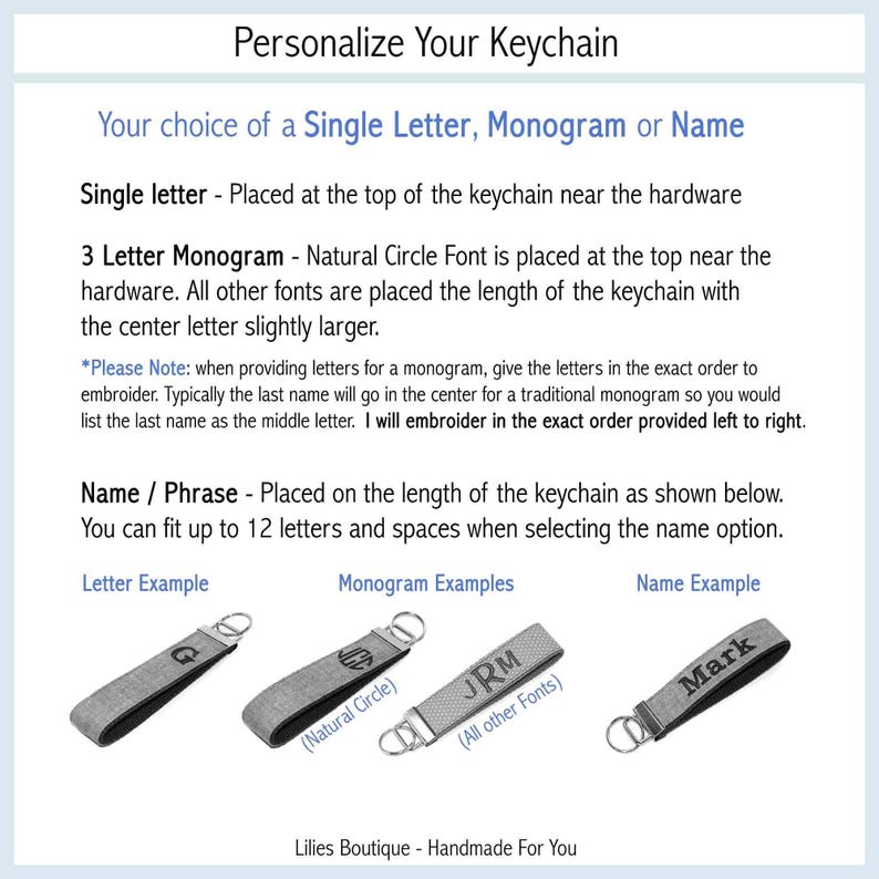 floral coral keychain guide showing letter placement